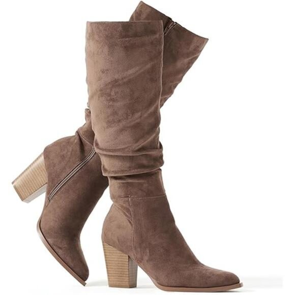 Women's Pointed Toe Knee High Boots Faux Suede Slouch Boots with Chunky - Picture 7 of 7